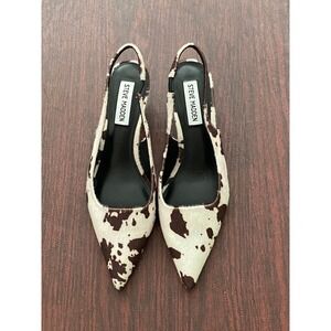 Steve Madden Cow Print Calf Hair Slingback Kitten Heels Pointed Toe Brown White